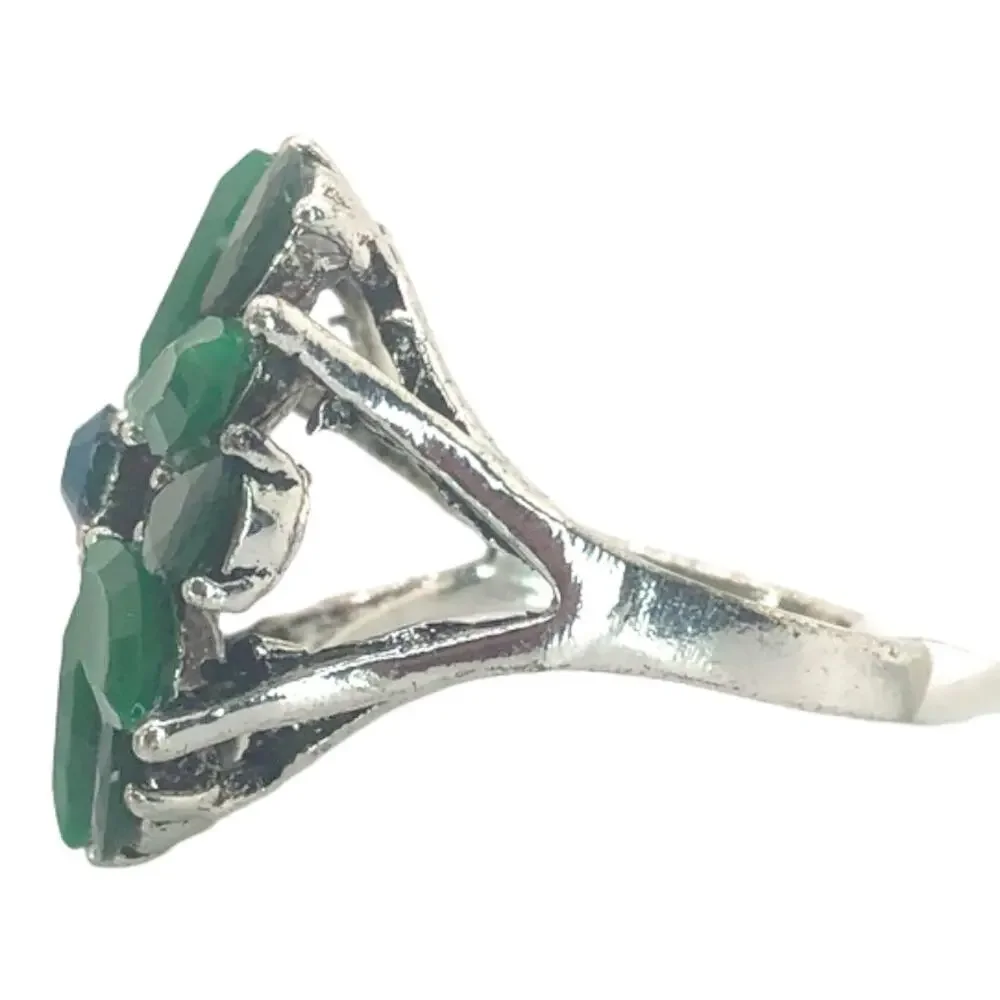 Silver and Green Flower Rhinestone Statement Ring - Size 8